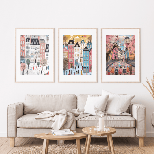 Whimsy of the Cobbled Lane Trio - Museum Quality Print 3 Wall Art Poster